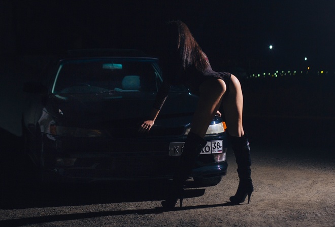 women, model, brunette, red panties, red bra, red panties, fishnet bodysuit, Toyota Tourer V, black car, knee-high boots, ass, night, women outdoors