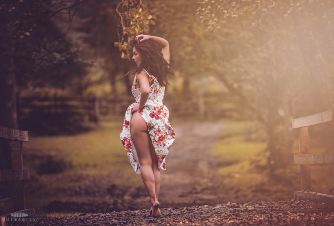 Simon Morton, Eliza Rose Watson, model, women, model, Flower dress, ass, field, trees, lifting dress, barefoot