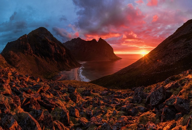 landscape, nature, mountains, sea, night, sunset