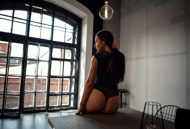 model, brunette, women, lingerie, black lingerie, black panties, window, rear view, ass, table, dining room, wooden floor, women indoors, indoors, sitting