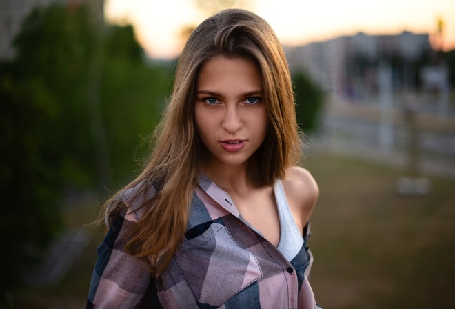 model, face, women, bokeh, shirt, portrait, hairstyle, plaid shirt, Alexei Shipulia