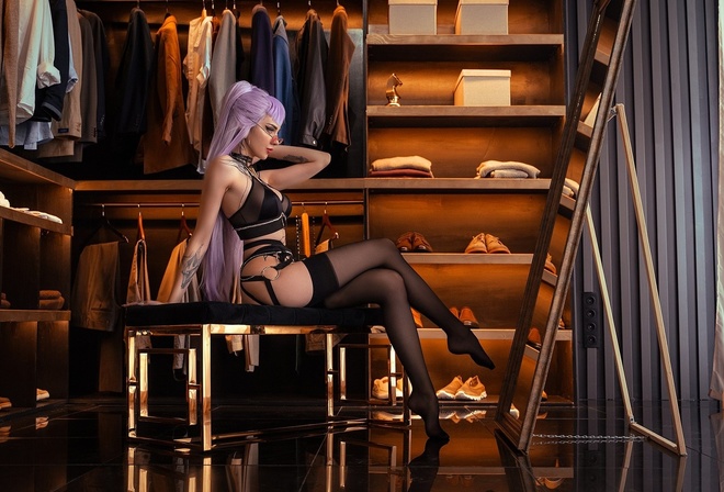 Akunohako, League of Legends, Evelynn, women, model, closet, tattoo, women with glasses, lingerie, black lingerie, black stockings, mirror, sitting, cosplay