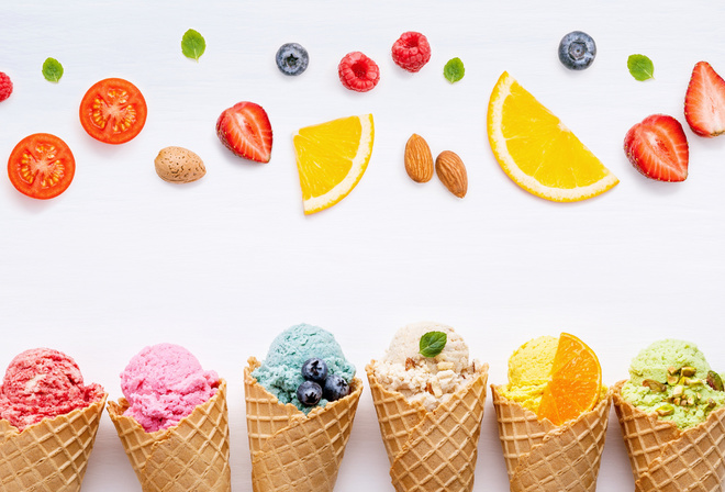 , colorful, , , , fruit, berries, ice, cream, cone