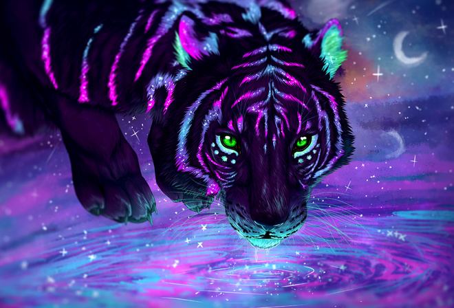 fantasy, fantastic, neon, tiger, drinks, water