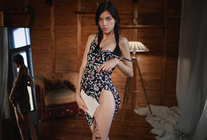 women, pigtails, dress, tattoo, Sergey Fat, mirror, reflection, books, armchair, wooden floor, skinny, curtain, women indoors