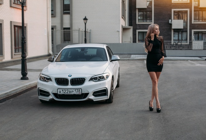 bmw, white bmw, model, blonde, women, black dress, heeled shoes, high heels, road