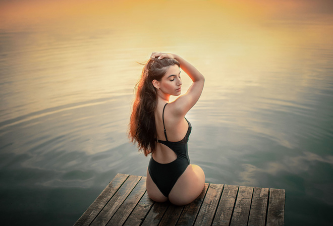 women, ass, closed eyes, one-piece swimsuit, women outdoors, back, water, pier, long hair