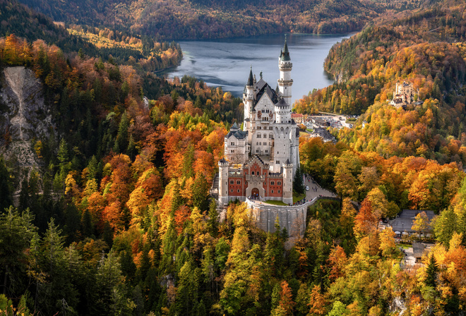 otono, bosque, lago, castillo, alemania, bayern, baviera, castillo, de, neuschwanstein, fondo, de, pantalla, HD