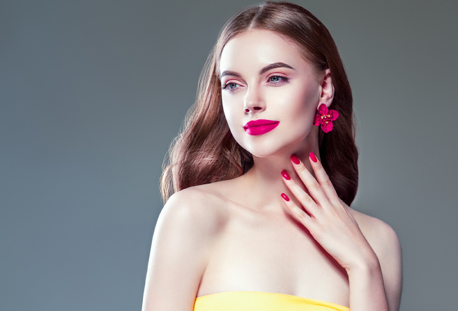 beautiful, manicure, pink, lips, brunette, woman, with, long, hair