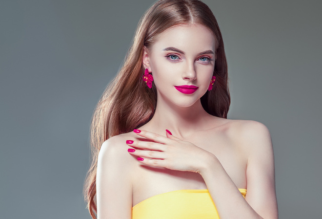 beautiful, manicure, pink, lips, brunette, woman, with, long, hair