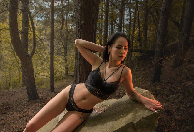 women, tattoo, trees, belly, black lingerie, armpits, eyeliner, forest, women outdoors, necklace, rocks