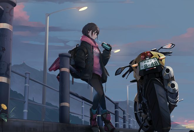 anime girl, motorcycle, ducati, sweatshirt, jacket, shorts, boots, street fighter, backpack, night, road, illustration, sky, clouds, gloves, digital art, street light