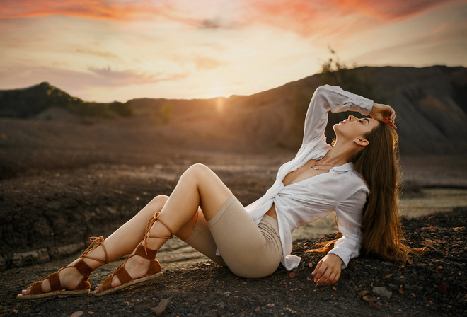 women, white shirt, skinny, women outdoors, sandals, sunset, crucifix necklace, closed eyes, long hair, redhead