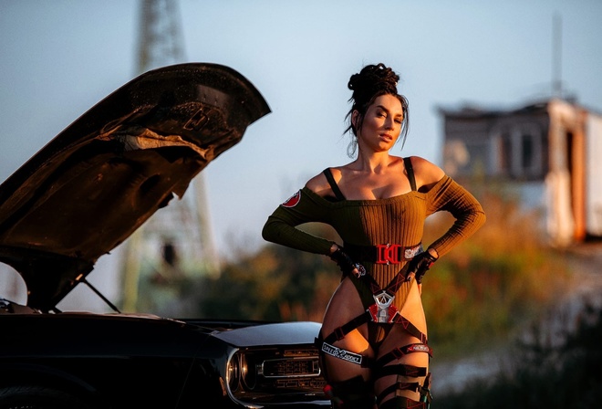 Anna Shakhovskaya, Cyberpunk, Cyberpunk 2077, Panam Palmer, dodge challenger, video games girl, video games, jeans, leather jacket, women outdoors, sky, clouds, bodysuit, gloves