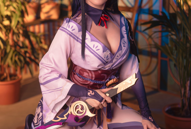 Anastasia Komori, Shogun Raiden, Genshin Impact, cosplay, video games, video game girls, women, model, brunette, kimono, sword, kneeling, purple lingerie, lingerie, panties, bra, purple bra, neckline, women indoors