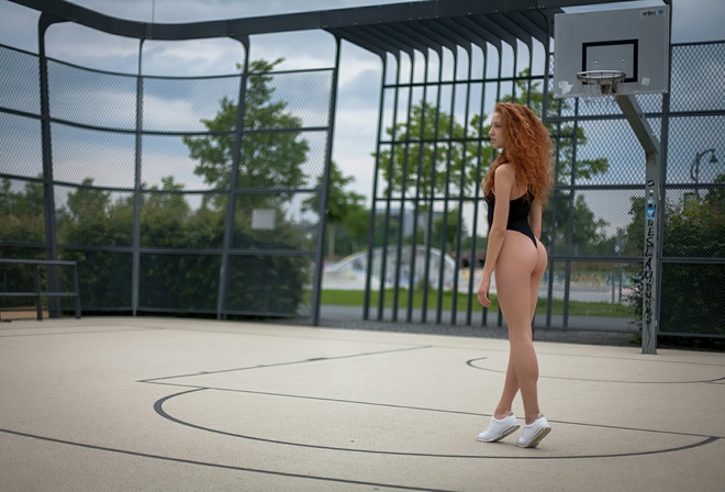 women, redhead, model, curly hair, women outdoors, bodysuit, basketball court, trees, sky, clouds, ass, sneakers