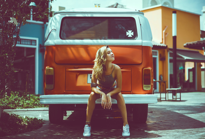 women, model, brunette, Volkswagen Bus, women with cars, Volkswagen, women outdoors, jean shorts, short tops, sneakers, Street