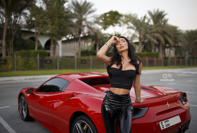 women, black latex, closed eyes, black clothing, car, necklace, Ferrari, palm trees, brunette