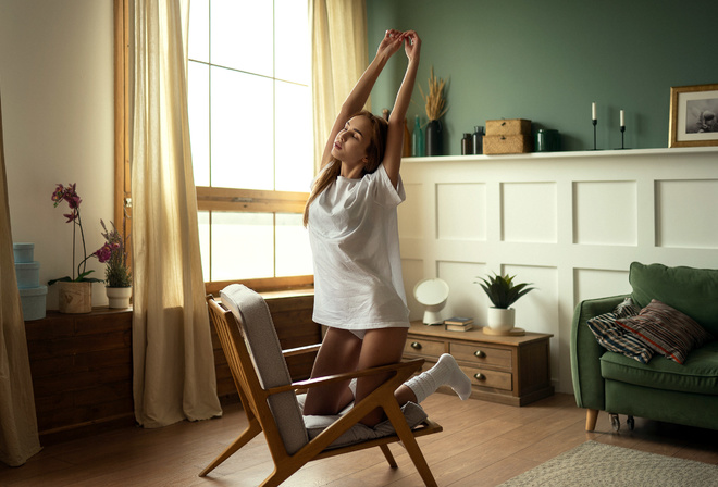 women, blonde, white t-shirt, white panties, chair, kneeling, brunette, window, couch, plants, arms up, white stockings, closed eyes, curtains, candles