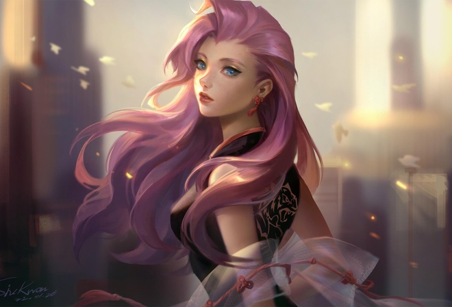 siukwan chueng, Seraphine (League of Legends), League of Legends, KDA Seraphine, women, purple hair, city, blue eyes, fan art, kimono, dress, fictional character, KDA, video games, video game girls