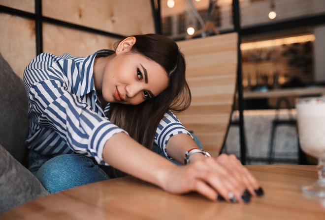 women, model, brunette, women indoors, Asian, jeans, striped shirt, couch, table, watch