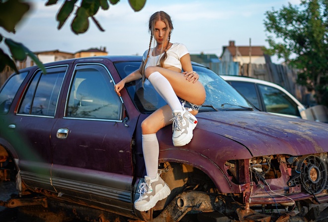 women, jean shorts, twintails, tank top, skinny, women outdoors, ribs, junkyard, underboob, white stockings, sneakers, ass, sitting, boobs, necklace