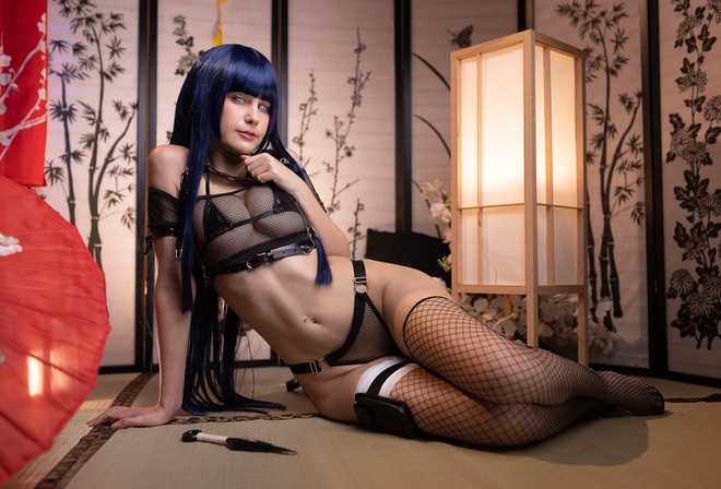 women, model, cosplay, Hinata Hyuga, anime girls, Naruto, lingerie, black lingerie, hips, fishnet lingerie, bra, panties, black bra, black panties, women indoors, pierced navel, fishnet stockings, stockings, black stockings, blue hair