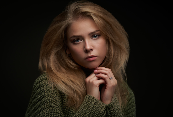 women, blonde, sweater, blue eyes, face, portrait, simple background, black background