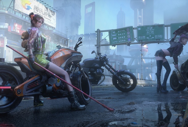 cyberpunk 2077, cyberpunk, digital art, video game girls, video games, women, motorcycle, city, KFC, McDonalds, boots, raincoat, teddy bear, leather jacket, baseball bat, Yamaha, jean shorts, PlayStation 5, Xbox One, Microsoft Windows, gloves, buildings