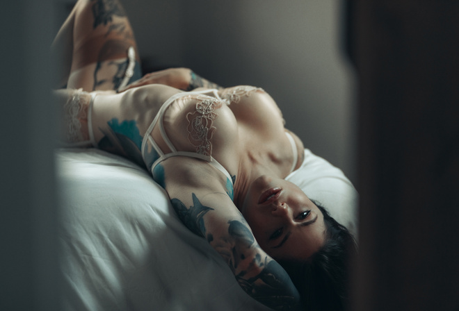 women, model, brunette, women indoors, women indoors, boobs, tattoo, lingerie, bra, panties, in bed, bed, big boobs