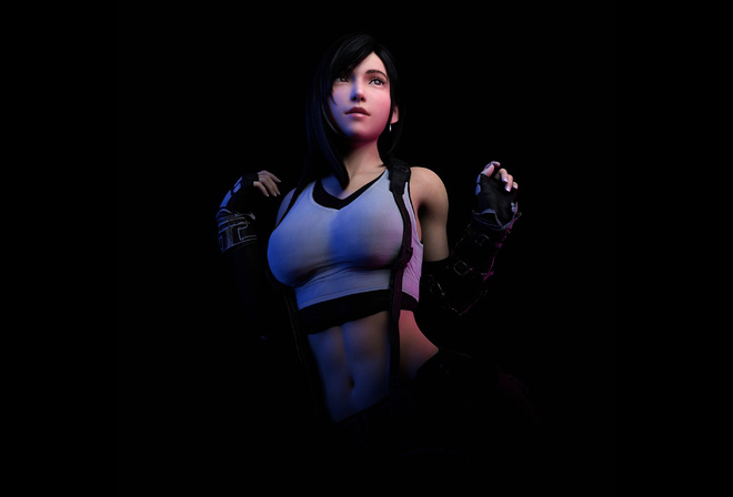 Tifa Lockhart, Final Fantasy, video game girls, video games, women, brunette, gloves, t-shirt, short tops, suspenders, black background, simple background