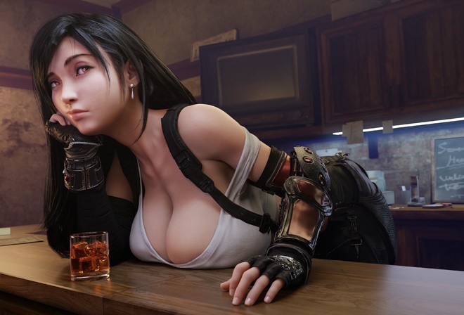 Tifa Lockhart, Final Fantasy, women, brunette, 3D, video game girls, video games, gloves, black gloves, bar, T-shirt, red eyes, suspenders, digital art, fan art, indoors, drink