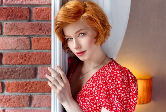 Anastasia Zhilina, women, model, redhead, women indoors, red dress, flower dress, window, lamp, curtains, face, short hair