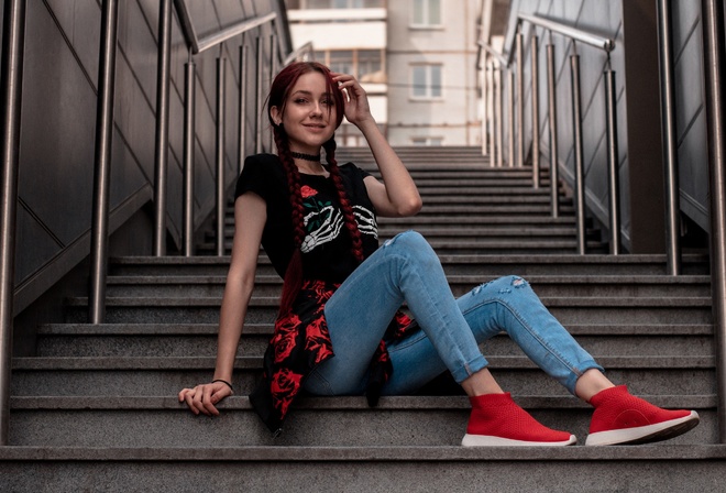 women, model, redhead, public, women outdoors, stairs, sitting, jeans, black t-shirt, T-shirt, jacket, braids, sneakers