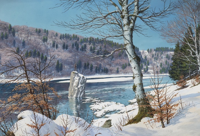  ,  , Rudolf Reschreiter, Die winterliche Isar mit Georgenstein