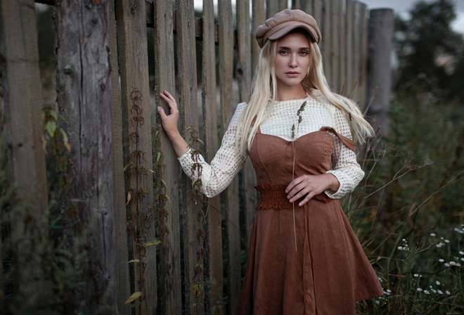 women, model, blonde, women outdoors, grass, blouse, dress, flowers, cap