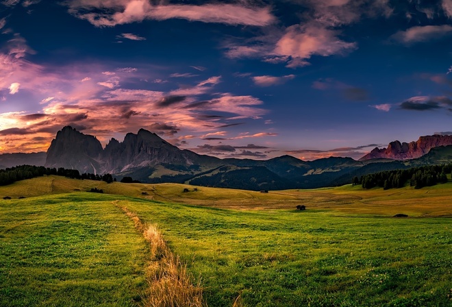 landscape, nature, grass, sky, clouds, mountains, trees, hills