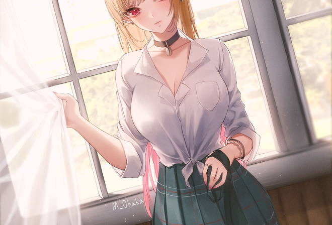 Ame 816, Kitagawa Marin, Sono Bisque Doll wa Koi wo Suru, blonde, women, anime girls, anime, school uniform, schoolgirl, miniskirt, digital art, pierced ear, window, curtains, pink eyes, white shirt, shirt, school skirt, tie, necktie