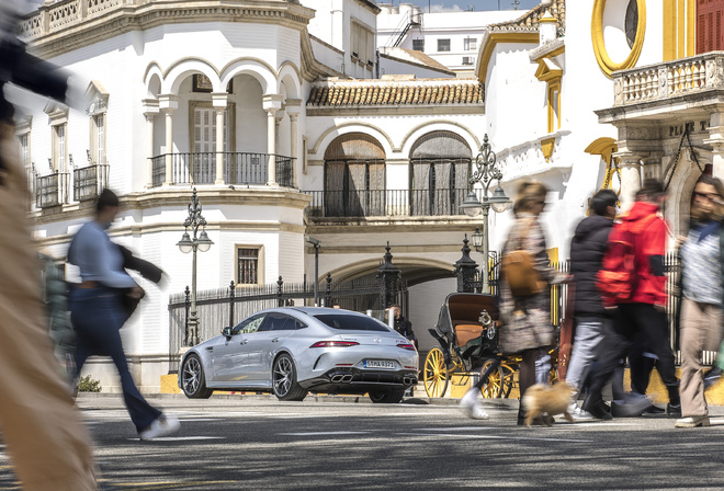 Seville, Spain, Mercedes AMG GT 63 S E Performance, Hightech Silver Metallic, 2023, hybrid