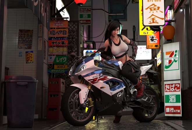 Tifa Lockhart, Final Fantasy, Final Fantasy VII, women, brunette, short tops, miniskirt, boots, red boots, night, video games, video game girls, gloves, black gloves, sitting, women with motorcycles, motorcycles, street, black stockings, digital art, BMW 