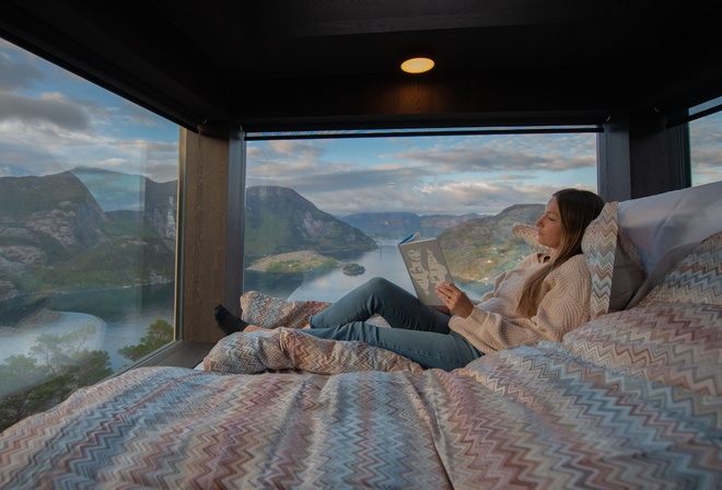 Bolder Sky Lodges, Norway, view of Lysefjord, designer cabin