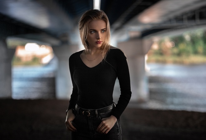 women, model, blonde, women outdoors, jeans, bridge, river, sweater, blouse