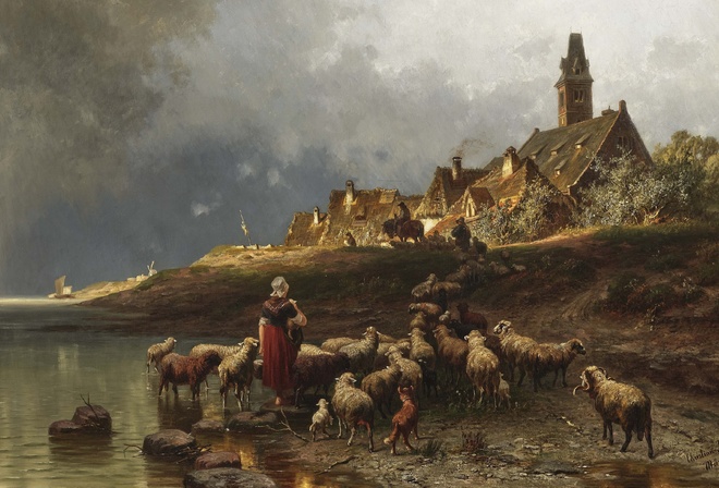 Christian Mali, German, 1871, Dutch coastal landscape with flock of sheep returning home