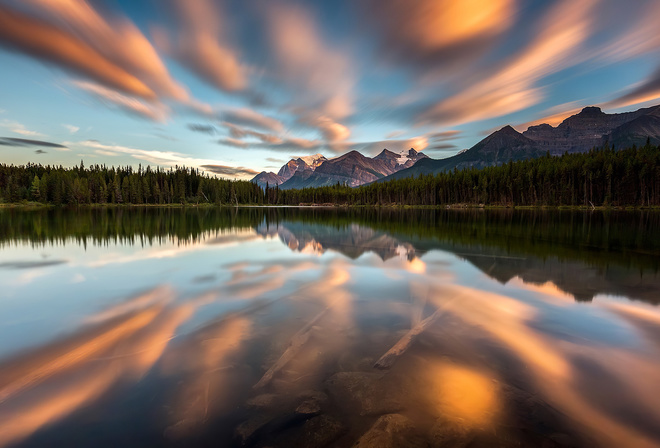 Pine trees, nature, clouds, sky, lake, landscape, mountains, reflection, trees