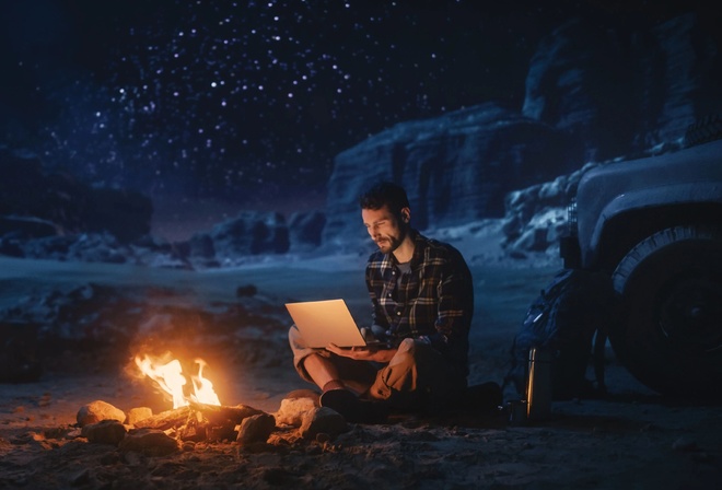 Vacation Trip, Campfire, Canyon, Laptop, Camping