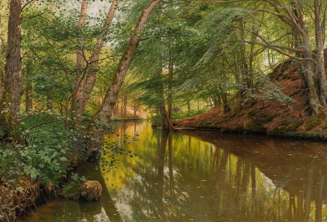 Peder Mork Monsted, Danish, 1904, Spring day at the forest stream