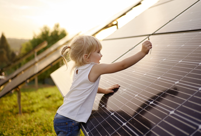 Young Girl, Sunset, Solar Panel