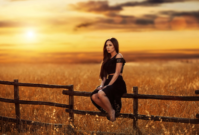 Girl, Model, Sunset Field, Gold, girls, model, field