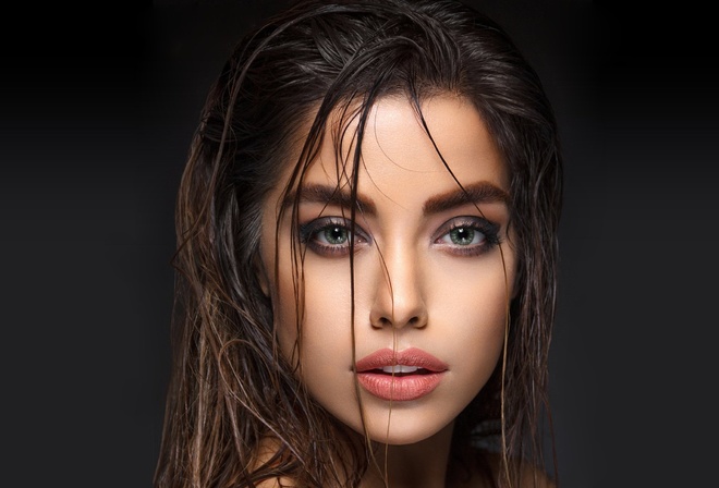 bare shoulders, green eyes, eyes, brunette, long hair, lipstick, women, looking at viewer, face, portrait, model