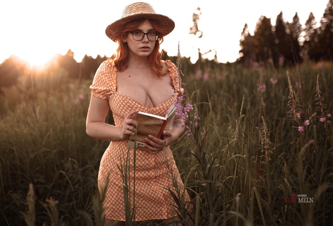 Nika Meln, redhead, model, women, women outdoors, plants, grass, nature, neckline, boobs, dress, Orange dress, hat, women with glasses, glasses, tattoo